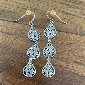 Silver Tone Filigree Triple Drop Teardrop Earrings - Silver